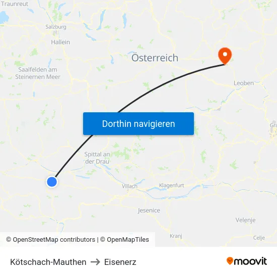 Kötschach-Mauthen to Eisenerz map