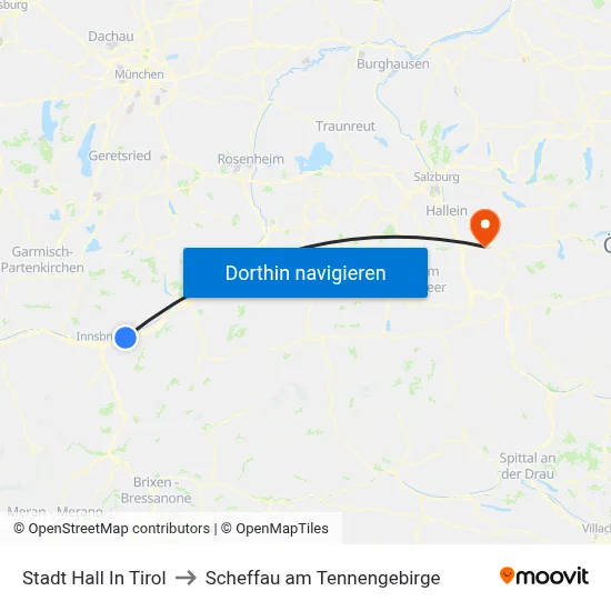 Stadt Hall In Tirol to Scheffau am Tennengebirge map