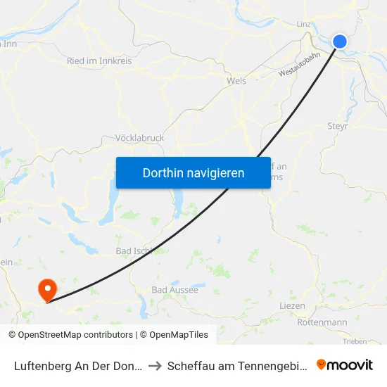 Luftenberg An Der Donau to Scheffau am Tennengebirge map
