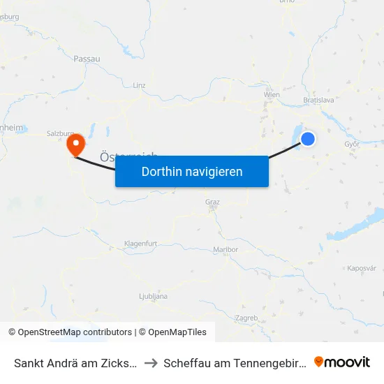 Sankt Andrä am Zicksee to Scheffau am Tennengebirge map