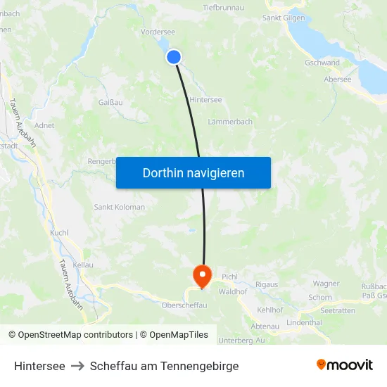 Hintersee to Scheffau am Tennengebirge map