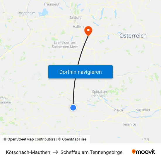 Kötschach-Mauthen to Scheffau am Tennengebirge map