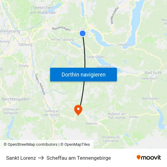 Sankt Lorenz to Scheffau am Tennengebirge map