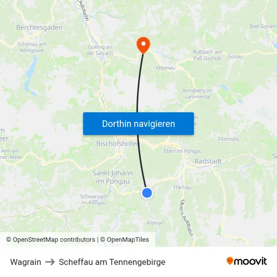 Wagrain to Scheffau am Tennengebirge map