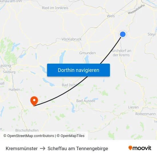 Kremsmünster to Scheffau am Tennengebirge map