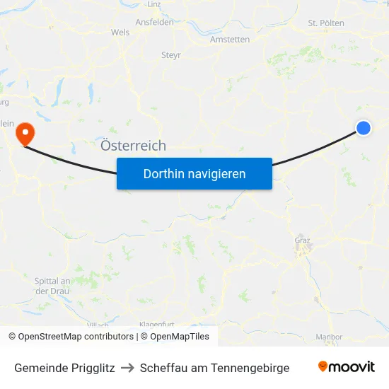 Gemeinde Prigglitz to Scheffau am Tennengebirge map