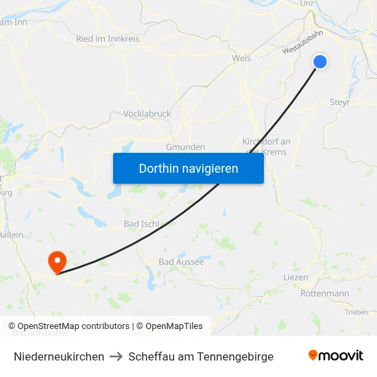 Niederneukirchen to Scheffau am Tennengebirge map