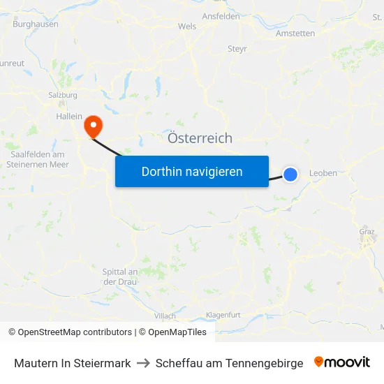 Mautern In Steiermark to Scheffau am Tennengebirge map