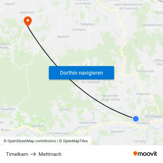 Timelkam to Mettmach map