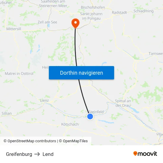 Greifenburg to Lend map