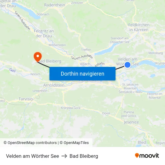 Velden am Wörther See to Bad Bleiberg map