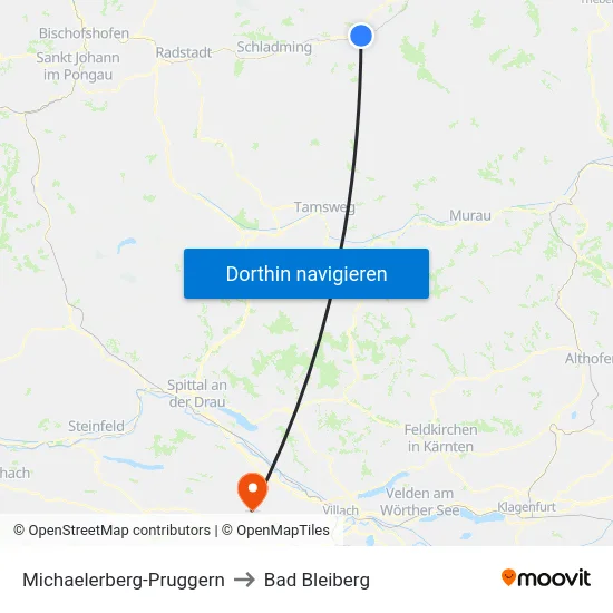 Michaelerberg-Pruggern to Bad Bleiberg map