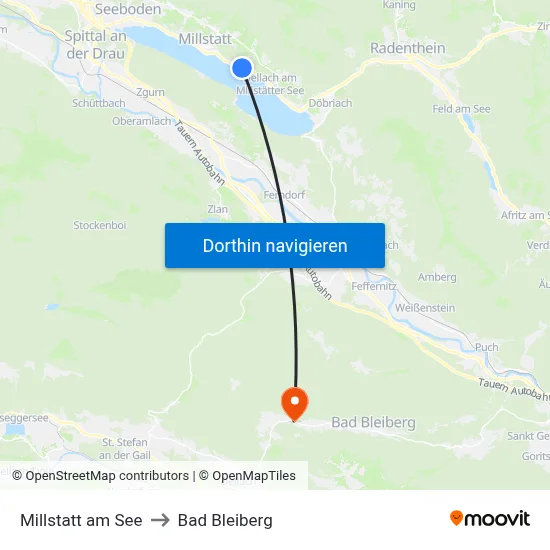 Millstatt am See to Bad Bleiberg map