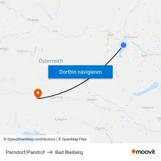 Parndorf/Pandrof to Bad Bleiberg map