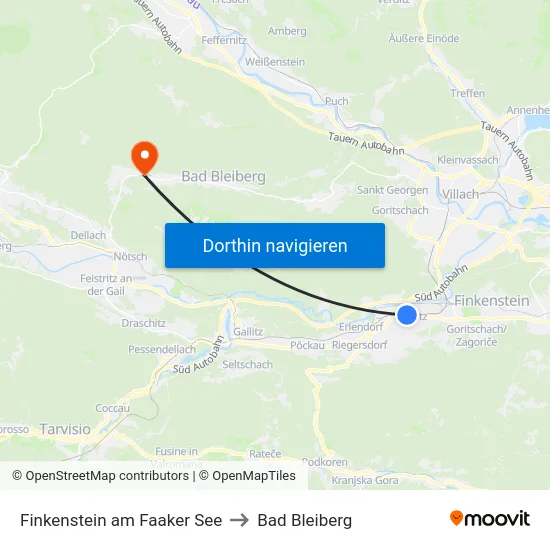 Finkenstein am Faaker See to Bad Bleiberg map