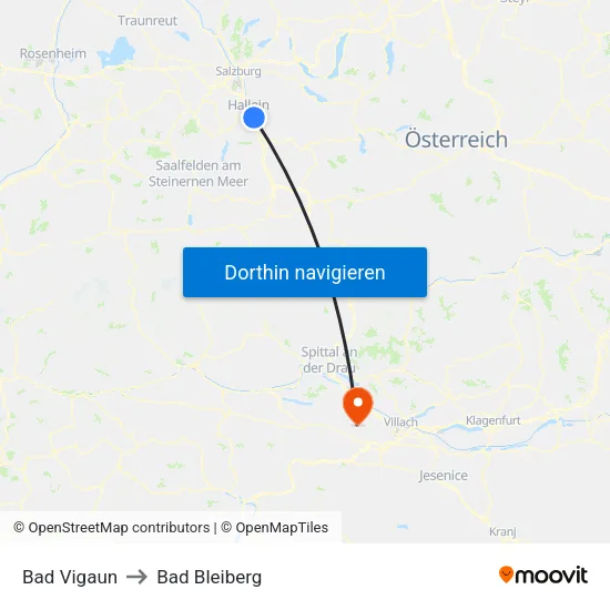 Bad Vigaun to Bad Bleiberg map