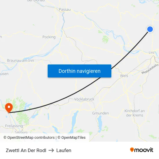 Zwettl An Der Rodl to Laufen map