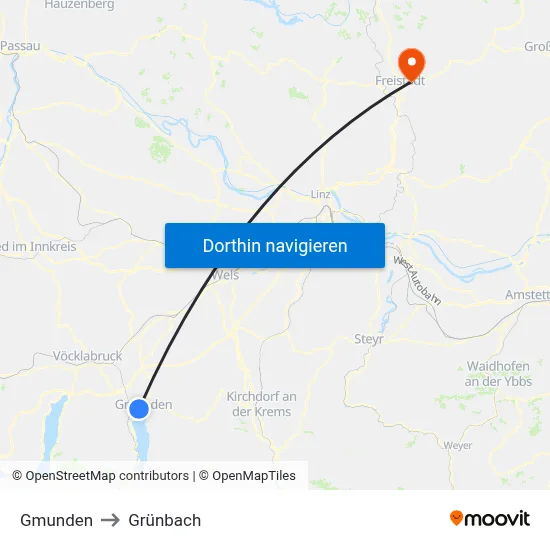 Gmunden to Grünbach map
