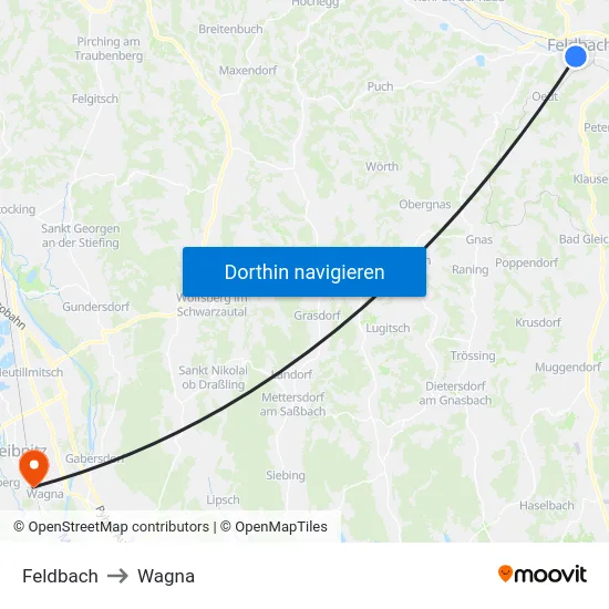 Feldbach to Wagna map