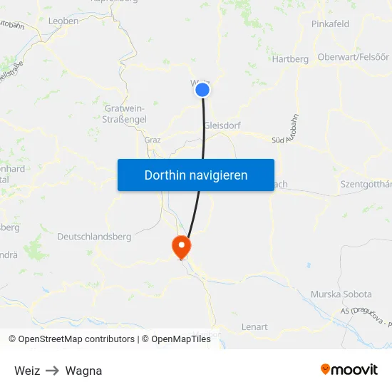 Weiz to Wagna map