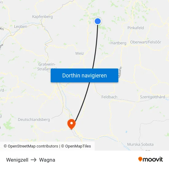 Wenigzell to Wagna map