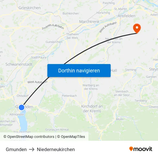 Gmunden to Niederneukirchen map