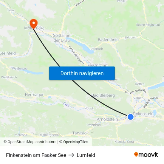 Finkenstein am Faaker See to Lurnfeld map