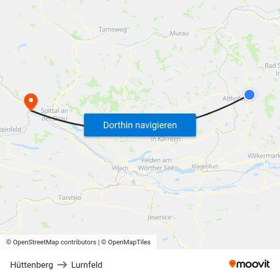 Hüttenberg to Lurnfeld map
