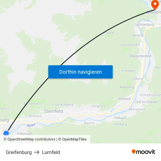 Greifenburg to Lurnfeld map