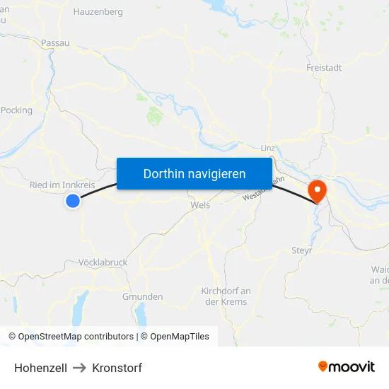 Hohenzell to Kronstorf map
