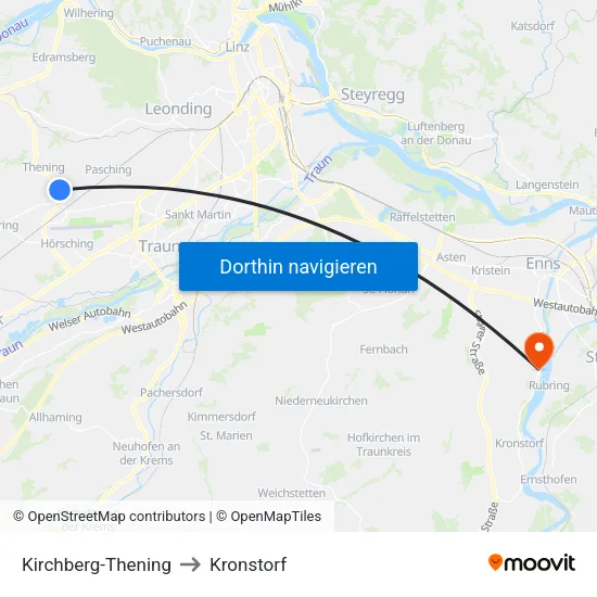 Kirchberg-Thening to Kronstorf map