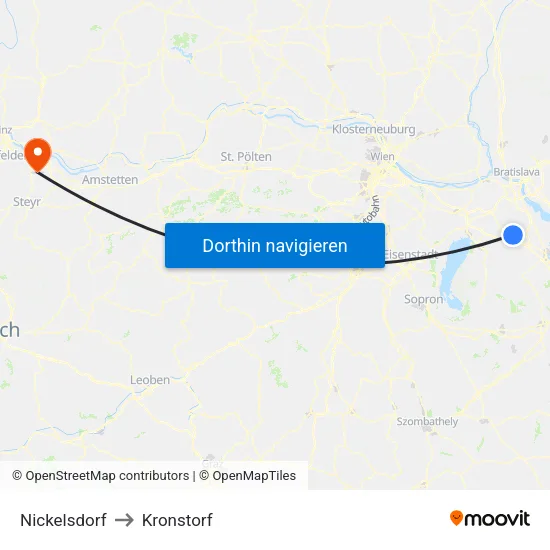 Nickelsdorf to Kronstorf map