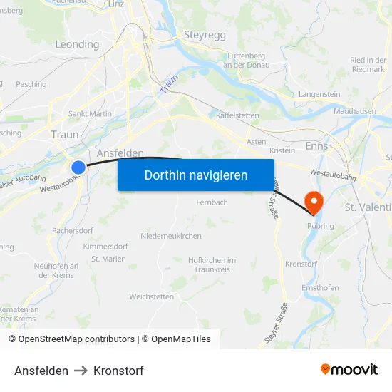 Ansfelden to Kronstorf map