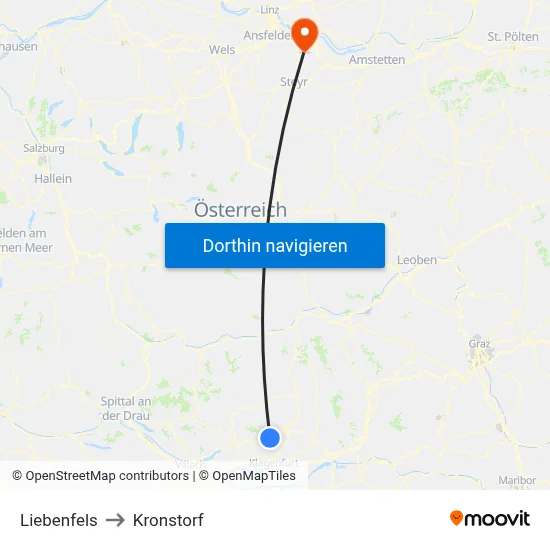 Liebenfels to Kronstorf map