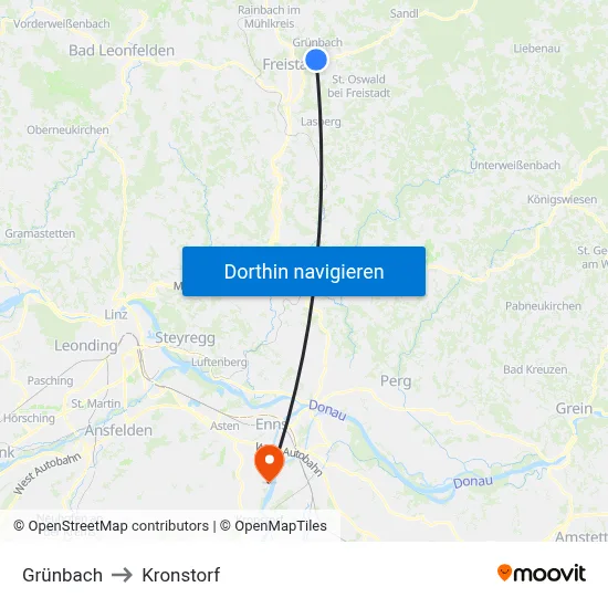 Grünbach to Kronstorf map