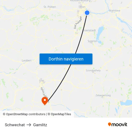 Schwechat to Gamlitz map