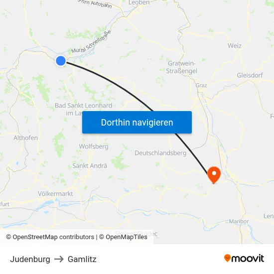 Judenburg to Gamlitz map
