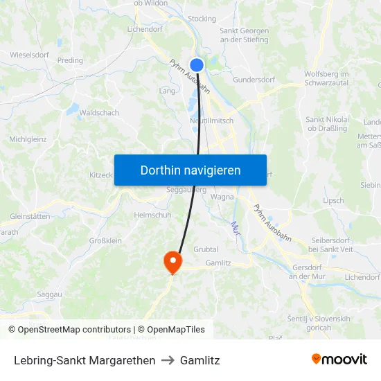 Lebring-Sankt Margarethen to Gamlitz map