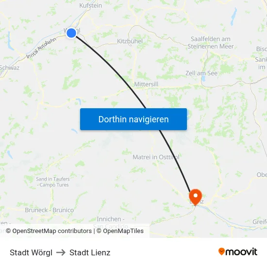 Stadt Wörgl to Stadt Lienz map