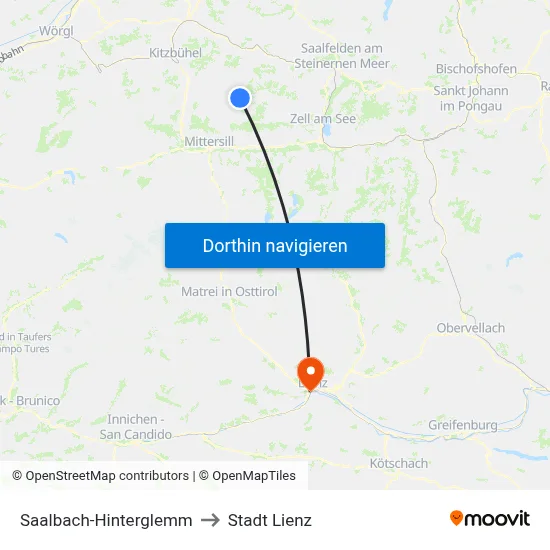 Saalbach-Hinterglemm to Stadt Lienz map