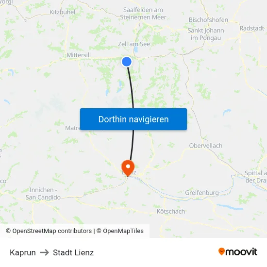 Kaprun to Stadt Lienz map
