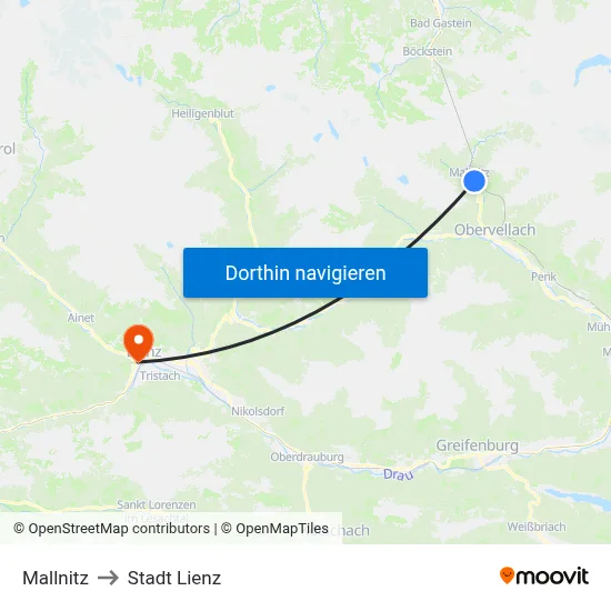 Mallnitz to Stadt Lienz map