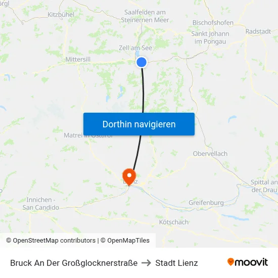 Bruck An Der Großglocknerstraße to Stadt Lienz map