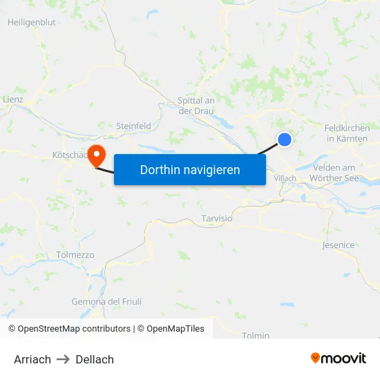 Arriach to Dellach map