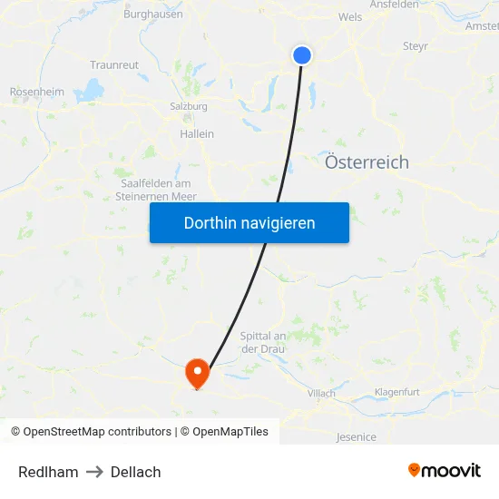 Redlham to Dellach map