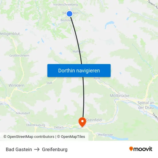 Bad Gastein to Greifenburg map