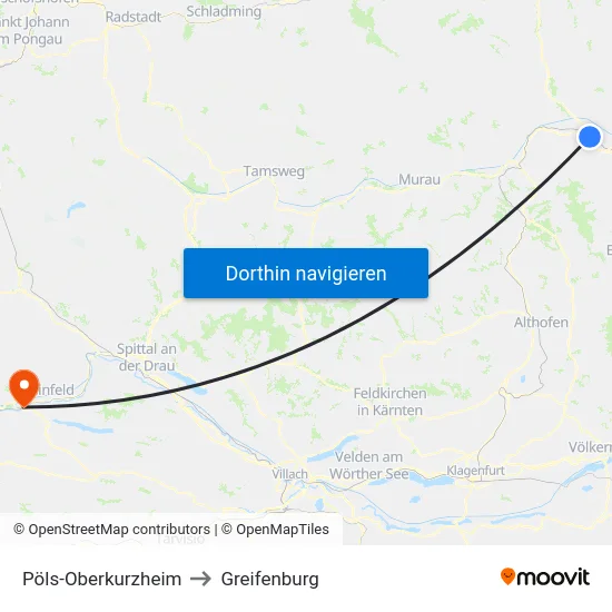 Pöls-Oberkurzheim to Greifenburg map