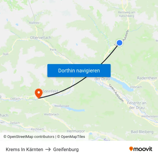 Krems In Kärnten to Greifenburg map