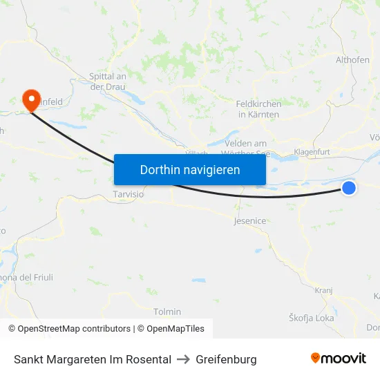 Sankt Margareten Im Rosental to Greifenburg map