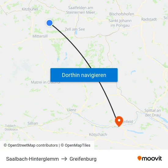 Saalbach-Hinterglemm to Greifenburg map